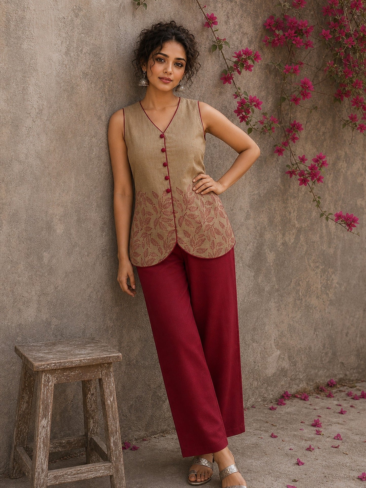 Sophisticated beige waist coat top showcasing refined leaf block print motifs, a polished button-down front, and elegant red piping for artisanal style.