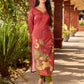 Classic deep rustic maroon kurta with detailed hand embroidery, statement olive and cream Pichwai artwork, and rich gold highlights