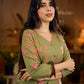Muted pista hand block printed dress with delicate cascading hand block floral motifs and soft pink accents for a graceful, elegant, and refreshing everyday look.