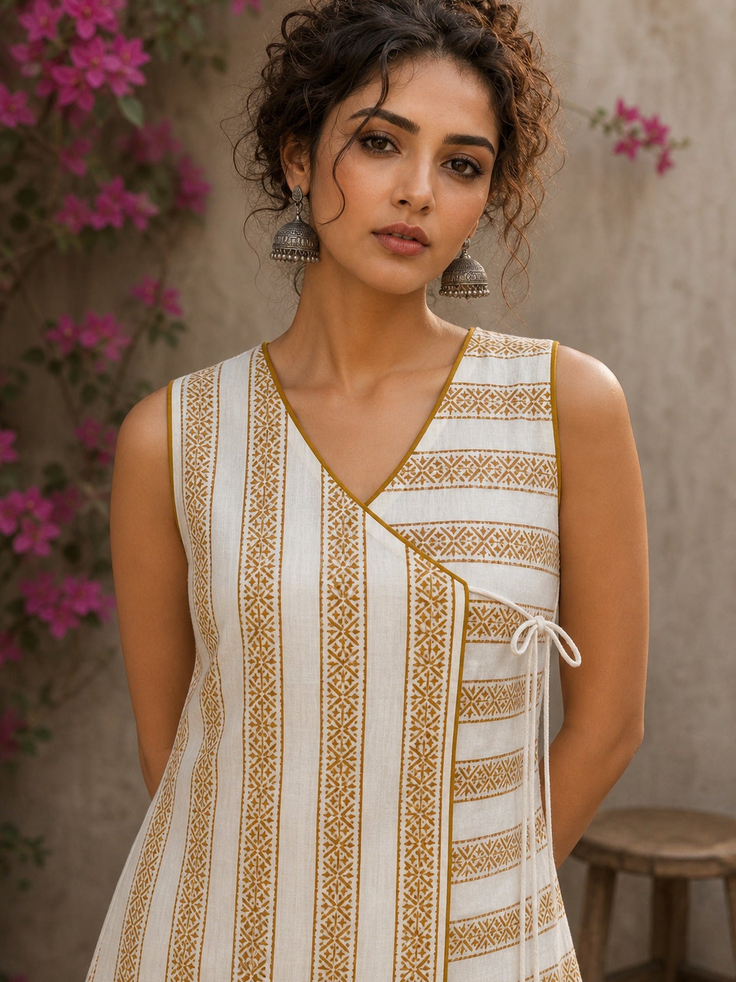 Charming white and mustard sleeveless wrap top featuring a distinctive Block print pattern, elegant mustard piping, and a graceful, contemporary, artisan-inspired tailored silhouette.