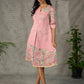 Blush pink Kalamkari printed dress with elegant pleated detailing
