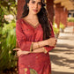 Classic deep rustic maroon kurta with detailed hand embroidery, statement olive and cream Pichwai artwork, and rich gold highlights