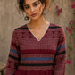 Bold and playful maroon hand block print peplum top with beige geometric motifs and subtle blue accents for effortlessly chic everyday style.