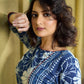 Contemporary Indigo Kurta Featuring Floral & Stripe Panels, Maroon Highlights and Asymmetric Gathered Yoke
