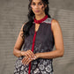 Black and maroon ombré Kalamkari inspired motif printed shirt dress with slit mandarin collar and maroon accents