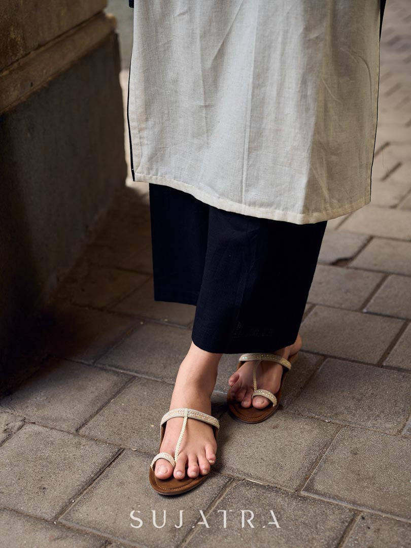Pristine Off-White Cotton Flex Straight Kurta Featuring Subtle Monochrome Embroidery on Neckline & Sleeve Cuffs