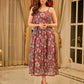 Playful wine floral summer dress elevated with dainty straps and pleats from the waistline