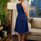 Modern navy dress enhanced by delicate, artistic Kalamkari side-applique work.
