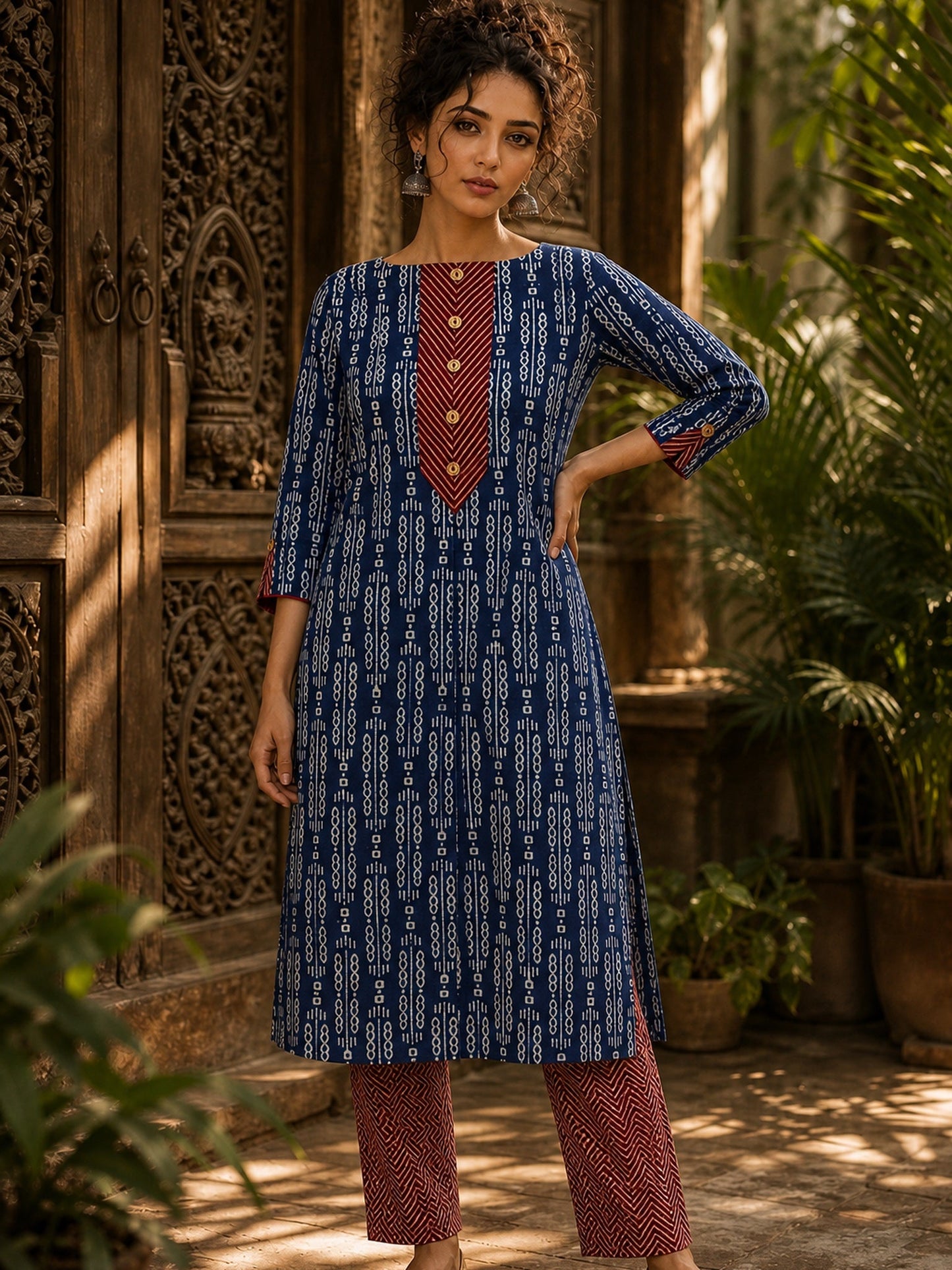 Indigo Dabu Print Kurta with Contrast Ajrakh Rust Chevron V-Placket & Matching Cuff Detail