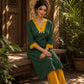 Classic Green Ikat Cotton Straight Kurta with Contrast Mustard V-Neckline & Scalloped Cuff Band