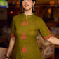 Gorgeous olive dress with pink abstract triangle hand block prints placed at the centre, sleeves, and back, featuring a mandarin collar and half sleeves for a refined, contemporary look.