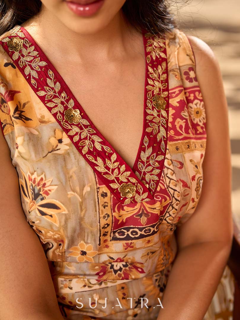 Graceful cream all-over printed kurta adorned with an overlapping maroon zardozi-embroidered neckline and bold maroon detailing.