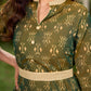 Statement olive green two-tone Ikat dress elevated with cream?gold accents, a structured belt for definition, and a subtle left-front slit.