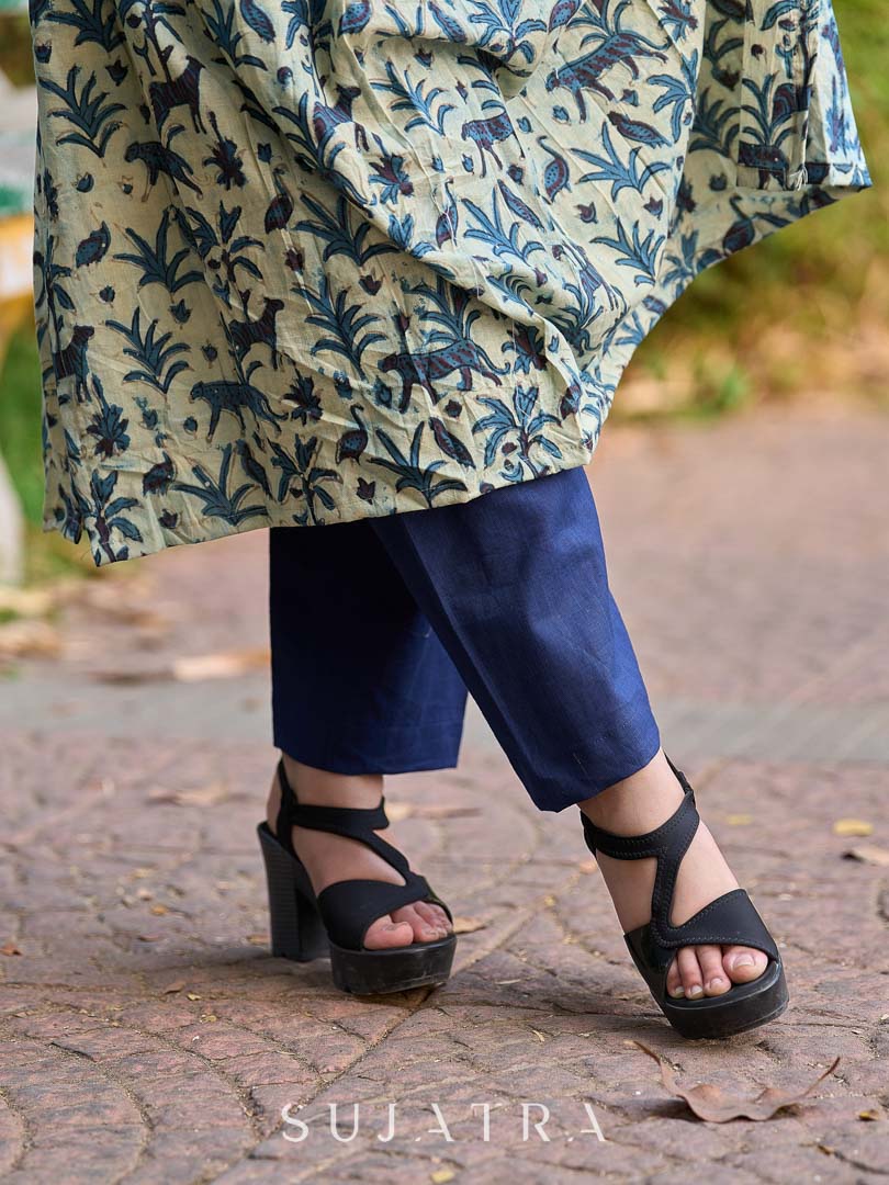 Artisan Indigo Kurta with Animal Motifs, Overlapping Neck and Handcrafted Maroon Mirror Detailing