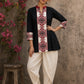 Heritage-inspired black top showcasing handcrafted block print panels, elegant maroon trims, and timeless artistry for versatile modern styling.