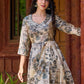 Elegant black–white floral kurta featuring a graceful bias silhouette, intricate mirror embroidery on the neck and sleeves, and a sweetheart neckline.
