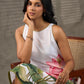 Graceful White lotus printed dress with elegant olive accents.