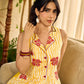 Yellow and white zebra-striped hand block printed sleeveless vintage luxe dress with maroon bird motifs and matching accents for a bold, elegant statement look.