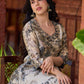Elegant black–white floral kurta featuring a graceful bias silhouette, intricate mirror embroidery on the neck and sleeves, and a sweetheart neckline.