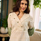 Serene ivory and sage green ombré overlap hakoba dress with olive button accents.