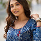 Contemporary Indigo Geometric Side-Cut Kurta with Linear Stripe Detailing and Maroon Triangle Highlights