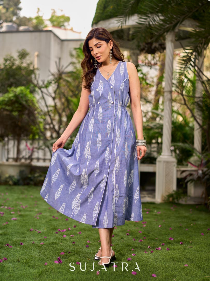 Graceful powder blue Ikat dress showcasing layered overlap details highlighted with white accents.