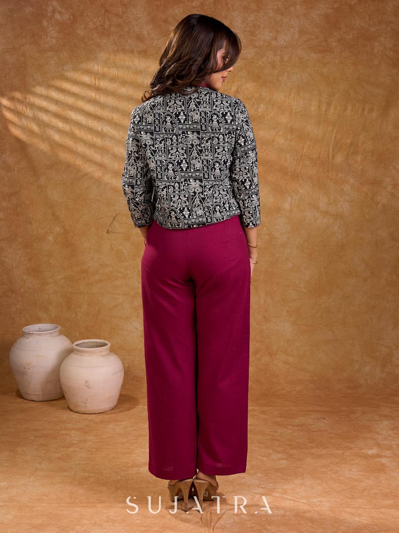 Elegant black motif jacket with fine illustrative prints, a tailored fit, and a contrasting wine neckline, delivering a composed, well-defined look ideal for polished corporate styling.