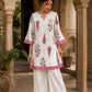Ivory Straight Cotton Short Kurta with Pink Botanical Block Print & Contrast Scalloped Hem & Sleeve Cuffs