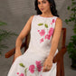 White and pink bougainvillea printed statement dress with pearl embellishments and pink accents