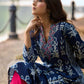 Indigo Floral Kurta with Playful Stripe Print and Magenta Hand Mirror Work on Overlapping Neckline