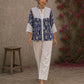 Blue floral Jaipur-printed top with statement hakoba panels and delicate white lace accents.
