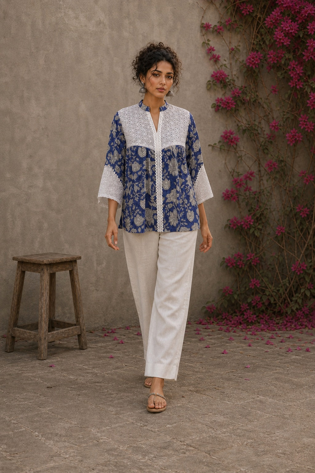Blue floral Jaipur-printed top with statement hakoba panels and delicate white lace accents.
