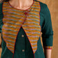 Sophisticated bottle green and mustard Ikat jacket featuring an overlapping neckline closure, front-open design, and rich maroon accents, offering a composed, tailored silhouette for corporate wear.
