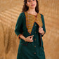 Sophisticated bottle green and mustard Ikat jacket featuring an overlapping neckline closure, front-open design, and rich maroon accents, offering a composed, tailored silhouette for corporate wear.