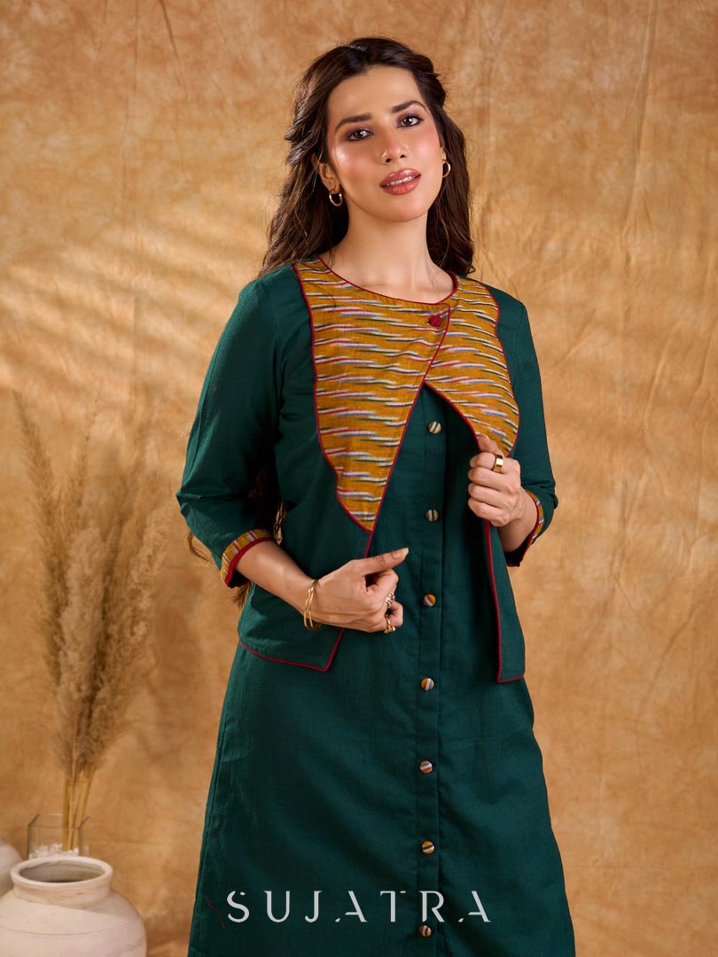 Sophisticated bottle green and mustard Ikat jacket featuring an overlapping neckline closure, front-open design, and rich maroon accents, offering a composed, tailored silhouette for corporate wear.