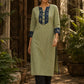 Sage Green Cotton Kurta with Ajrakh Yoke Panel & Matching Cuff Band