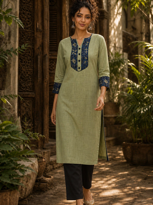 Sage Green Cotton Kurta with Ajrakh Yoke Panel & Matching Cuff Band