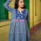 Contemporary Indigo Striped Kurta Featuring Animal Patch Detail, Drop Shoulders and Magenta Mirror Accents