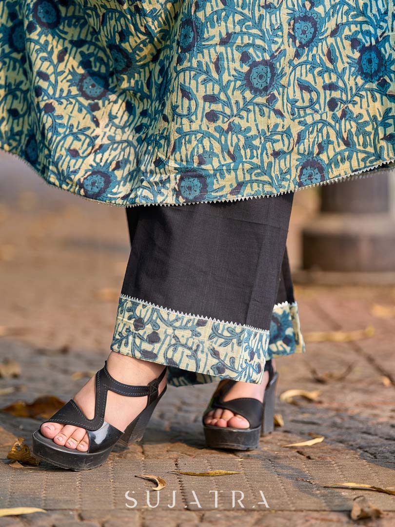 Artisan Indigo Floral Kurta with Black Mirror Work and Pleated Yoke Silhouette