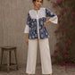 Blue floral Jaipur-printed top with statement hakoba panels and delicate white lace accents.