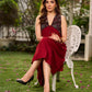 Statement sleeveless Ajrakh dress elevated with a folded collar and graceful maroon pleats.