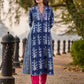Indigo Floral Kurta with Playful Stripe Print and Magenta Hand Mirror Work on Overlapping Neckline