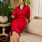 Elegant red dress featuring delicate, hand-painted Madhubani lotus motif detailing.