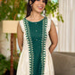 Bottle green and off-white hand block printed sleeveless dress with a block printed geometric panel, pearl embellishments, and refined accents for a contemporary artisanal look.