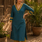 Classic Teal Cotton Kurta with Ajrakh Printed V-Yoke & Double Cuff Band Detail