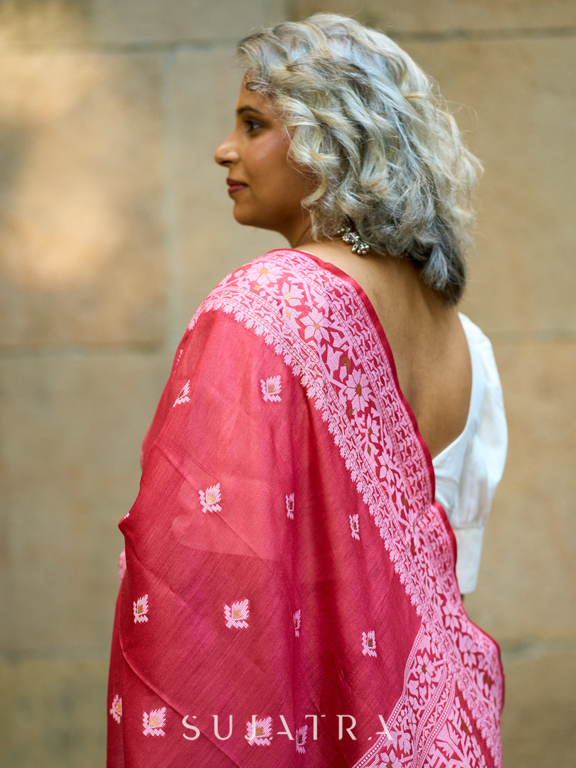 Elegant Red Silk Jamdani Saree with Woven Motifs