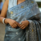 Classic Grey Silk Jamdani Saree with Woven Polka Dot Motifs & Contrast White Floral Pallu Border