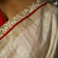 Elegant Off-White Ghicha Silk Saree with Benarasi Brocade Border and Contrast Red Piping Detail