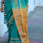 Elegant Blue Handloom Ghicha Silk Saree with Contrast Woven Border & Geometric Pallu Design