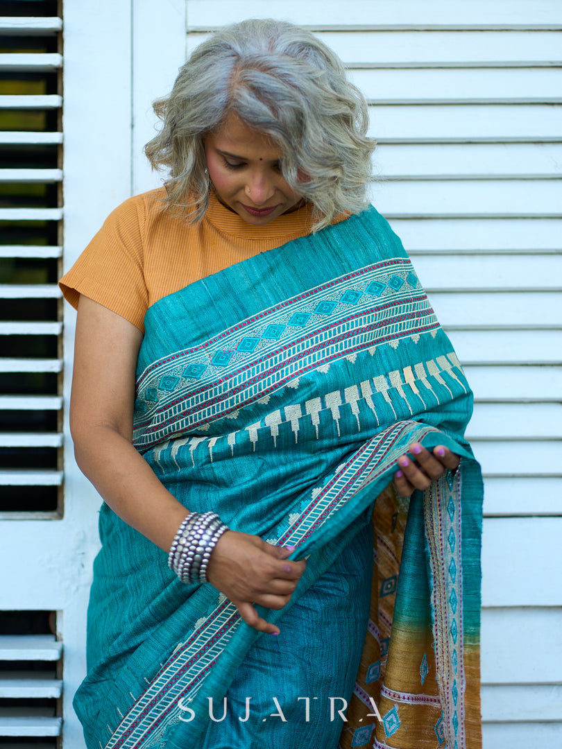 Elegant Blue Handloom Ghicha Silk Saree with Contrast Woven Border & Geometric Pallu Design
